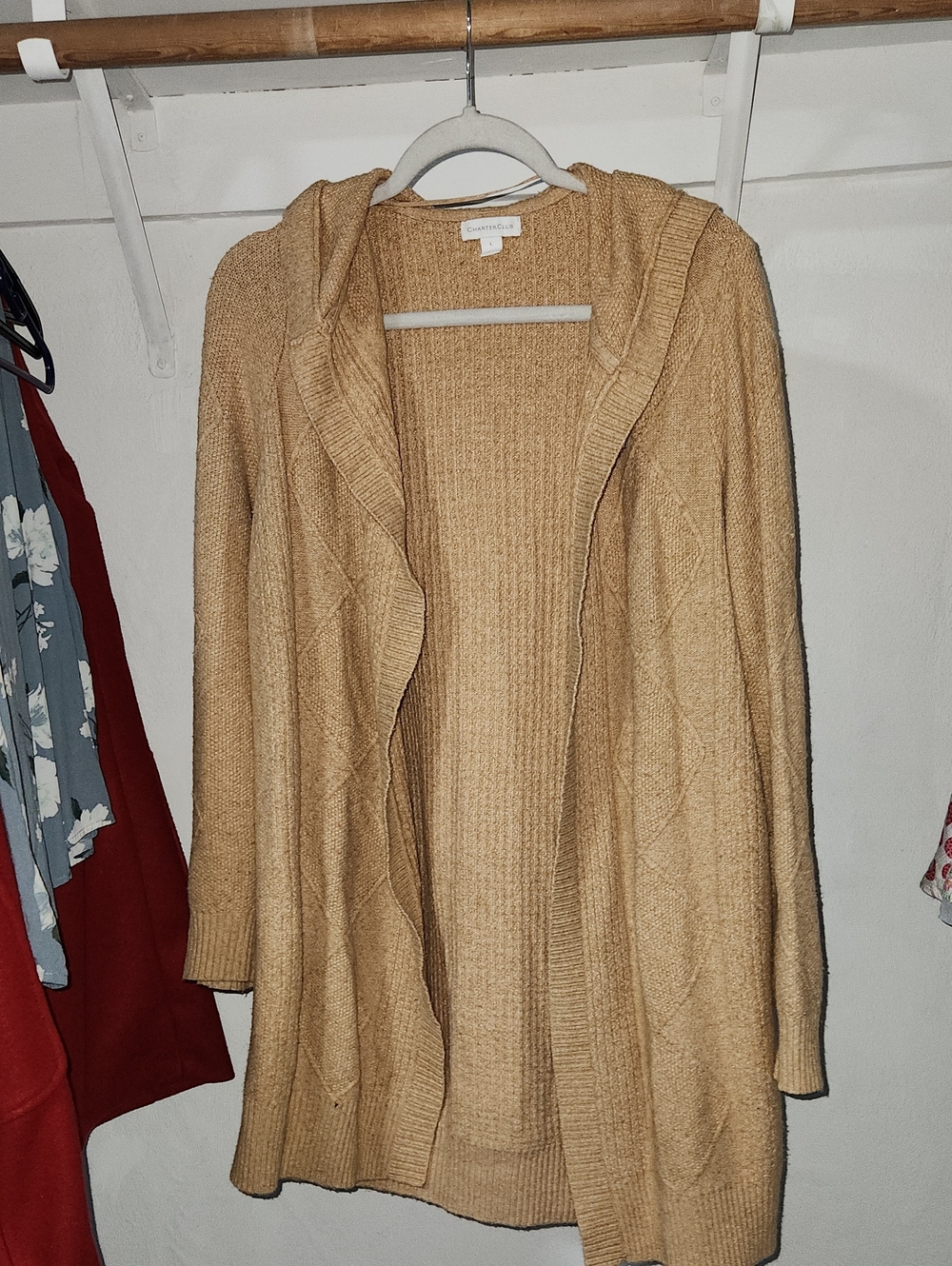 Size L Charter Club Cozy Open-Front Hooded Cardigan Sweater - Camel